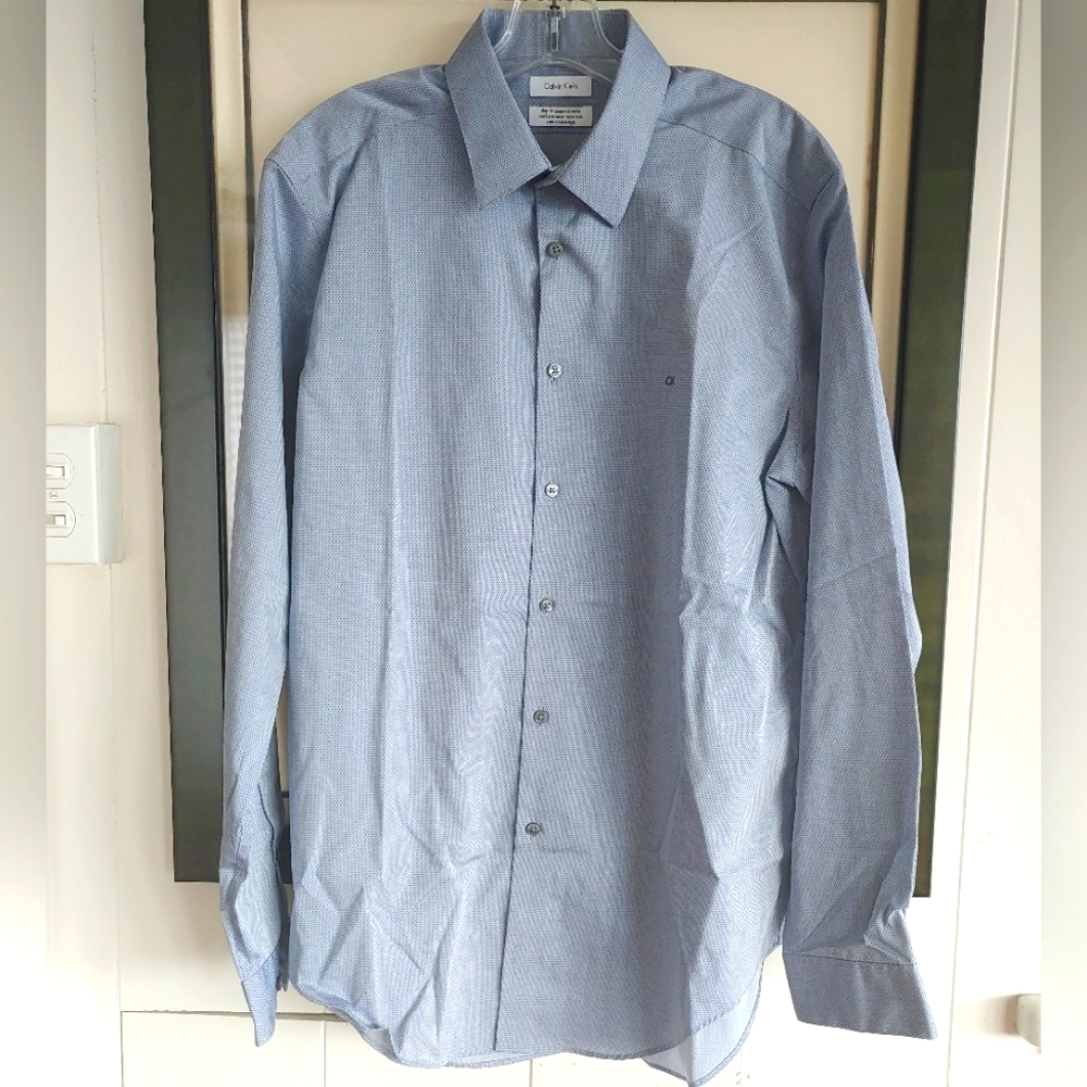 Calvin Klein Performance Slim Fit Non-Iron Grey & Blue Dots Long Sleeve 16.5 (L)